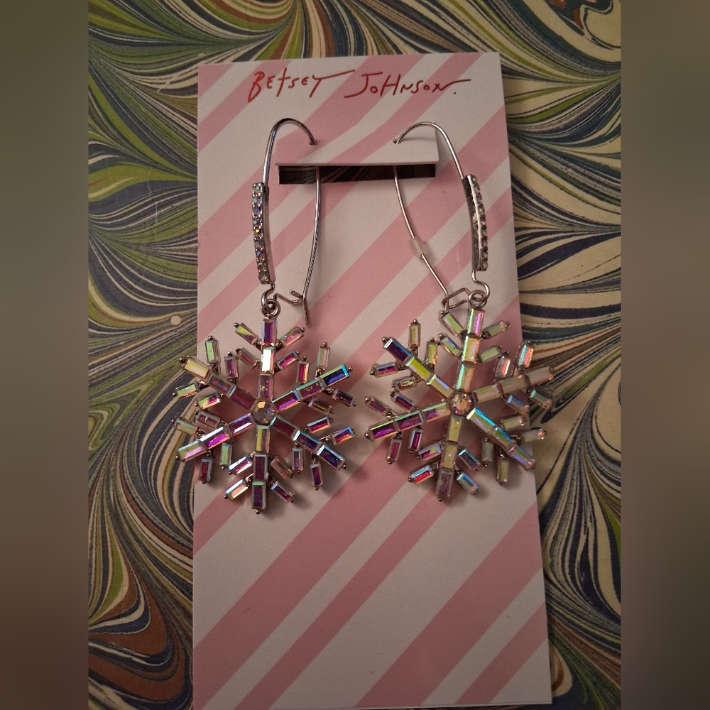 Betsey Johnson Iridescent Snowflake Earrings New